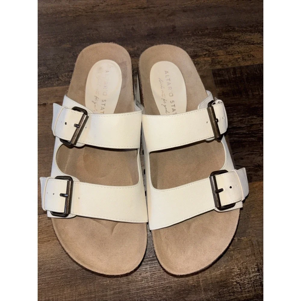 Altr'd State White Platform Sandals Cork Sole Buckle Slides Studded Size 8.5